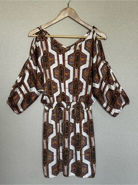 Umgee Boho Cold Shoulder Geometric Print Mini Dress Elastic Waist Size S